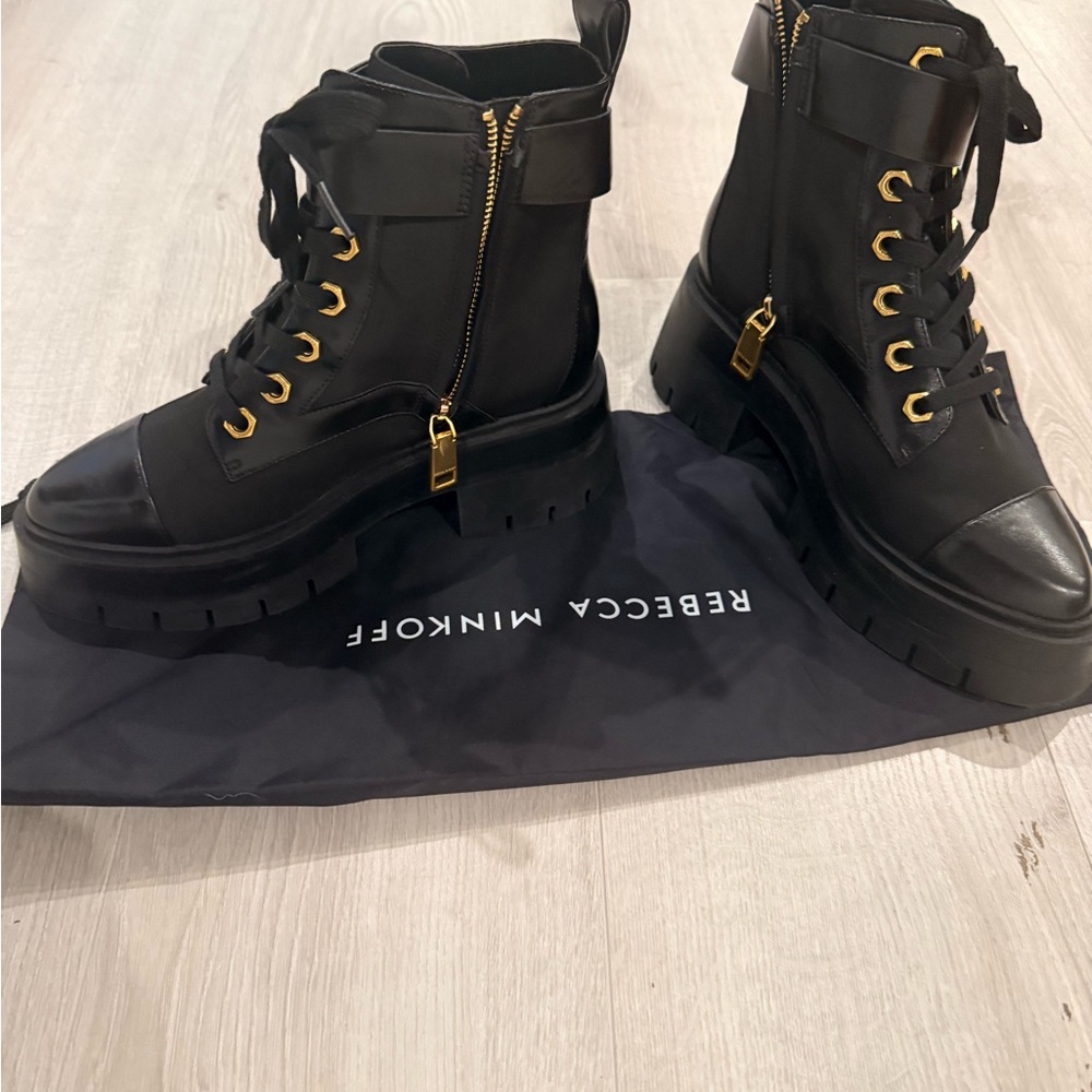 Rebecca Minkoff Black Lace-Up Combat Boots with Gold Accents
